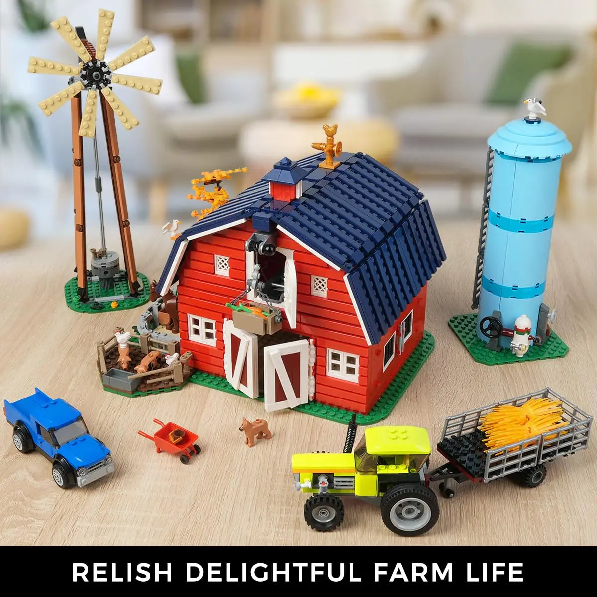Farm Barn Building Set with Light-with Windmill Tractor Horse Animals Big Barn Construction Toy Brick Kit for Adults Teens 8+