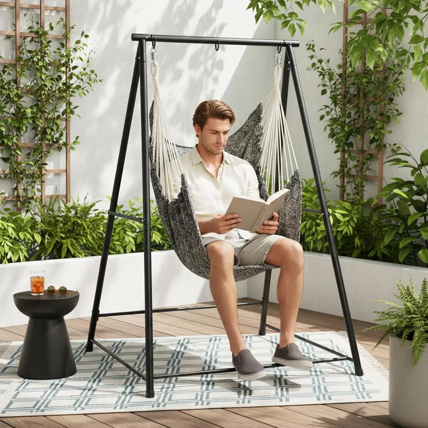 Portable 112x113x180cm Steel Hammock Chair Stand with Swing Seat for Indoor Bedroom Patio Balcony Garden, Customized