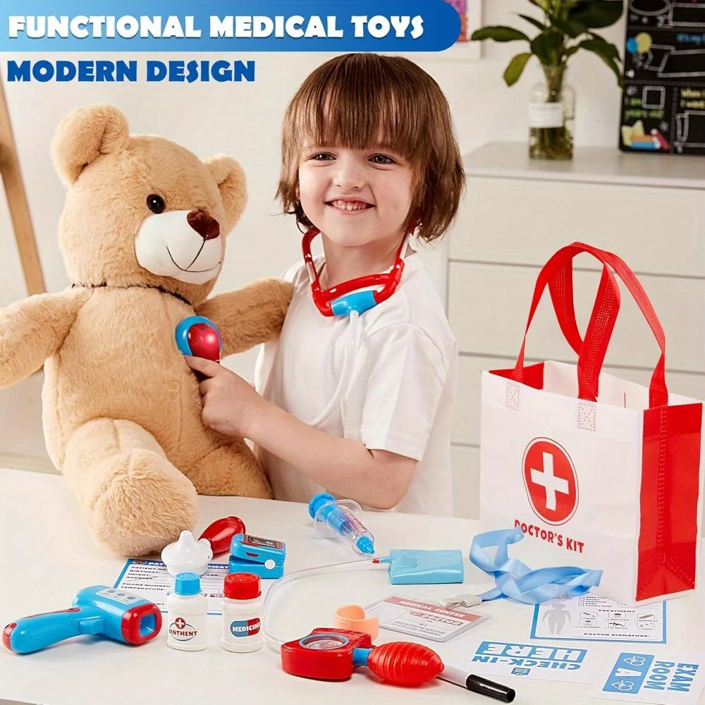 Kids Doctor Kit 16Pcs Pretend Play Medical Kit with Realistic Toy Stethoscope Reusable Record Cards for Toddlers Ages 3+