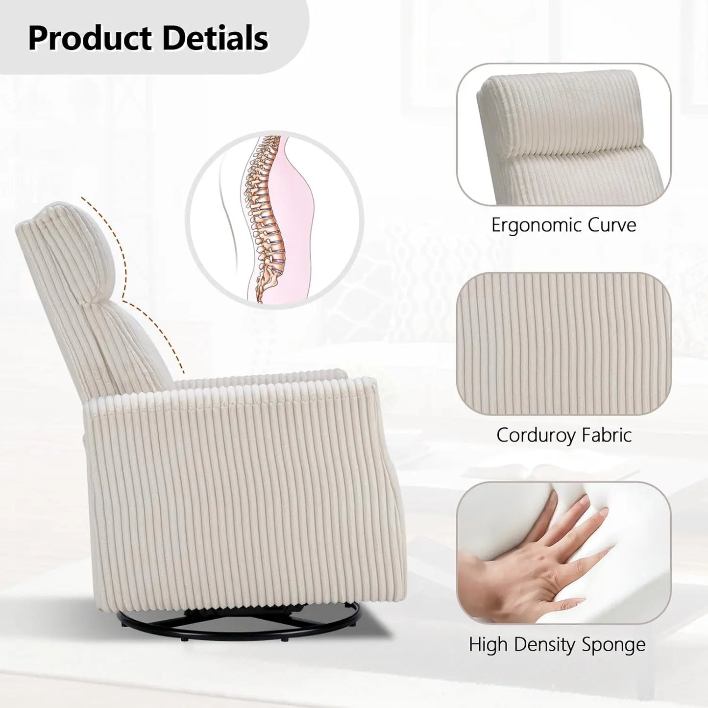High-Back Swivel Rocker Nursery Chair with Arms Corduroy Glider Living Room Bedroom Beige, Customized