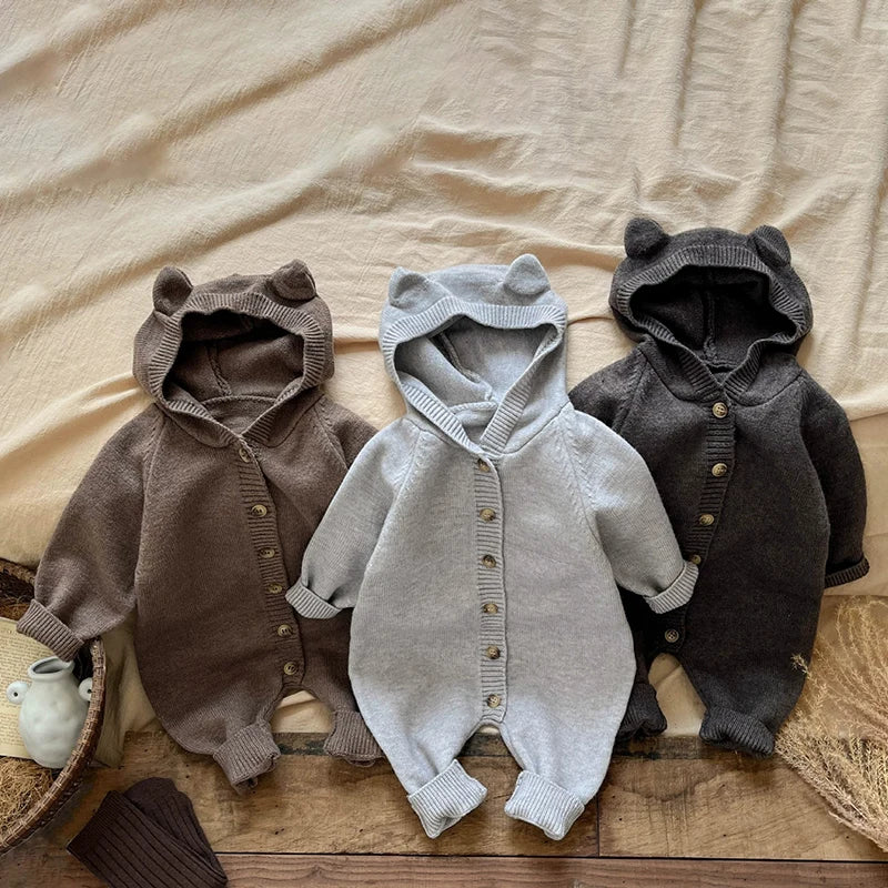 New Autumn Baby Romper Knitted Newborn Girls Jumpsuit Outfit Hooded Toddler Children Clothing Cartoon Bear Ears Knitted Clothing