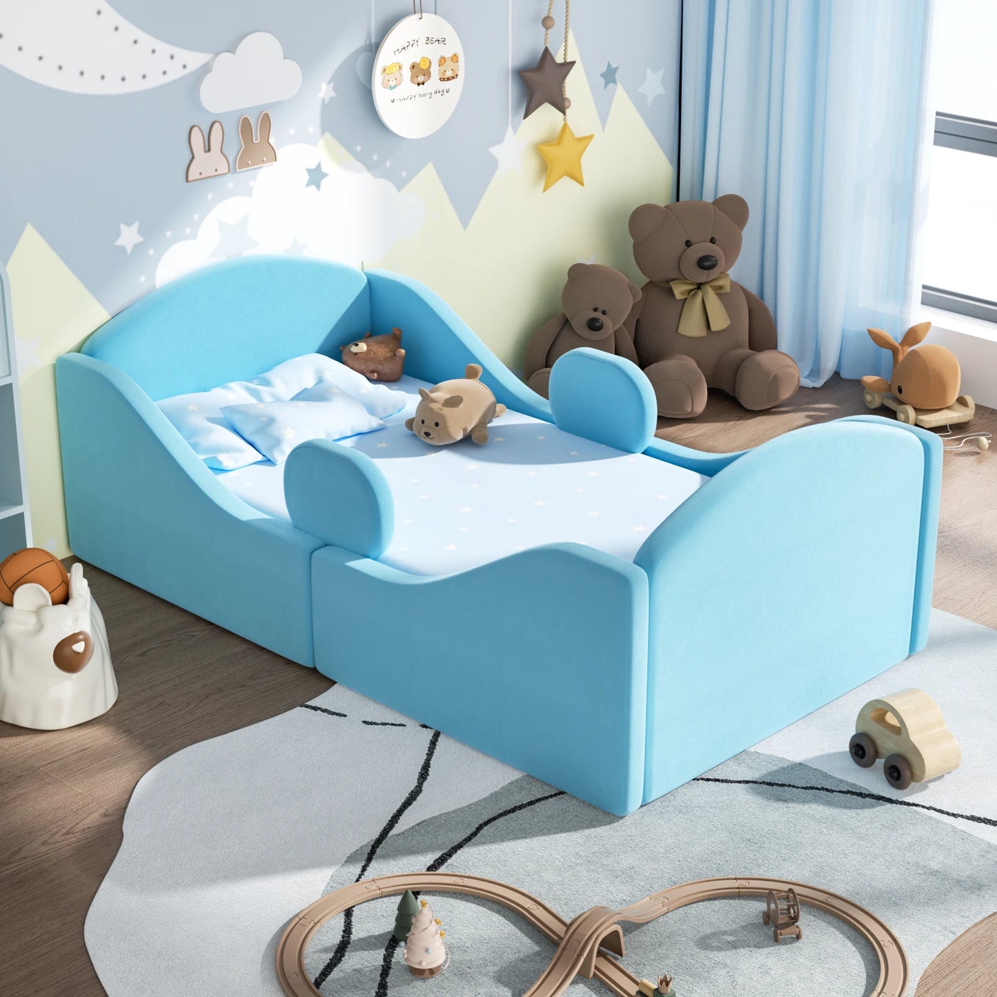 Toddler Bed, Certified Toddler Floor Bed with Removable Safety Rails, Kids Bed Frame, Standard Crib Size Ultra Soft Upholstered Kids Bed, Montessori Floor Beds for Girl Boy ( No Mattress)