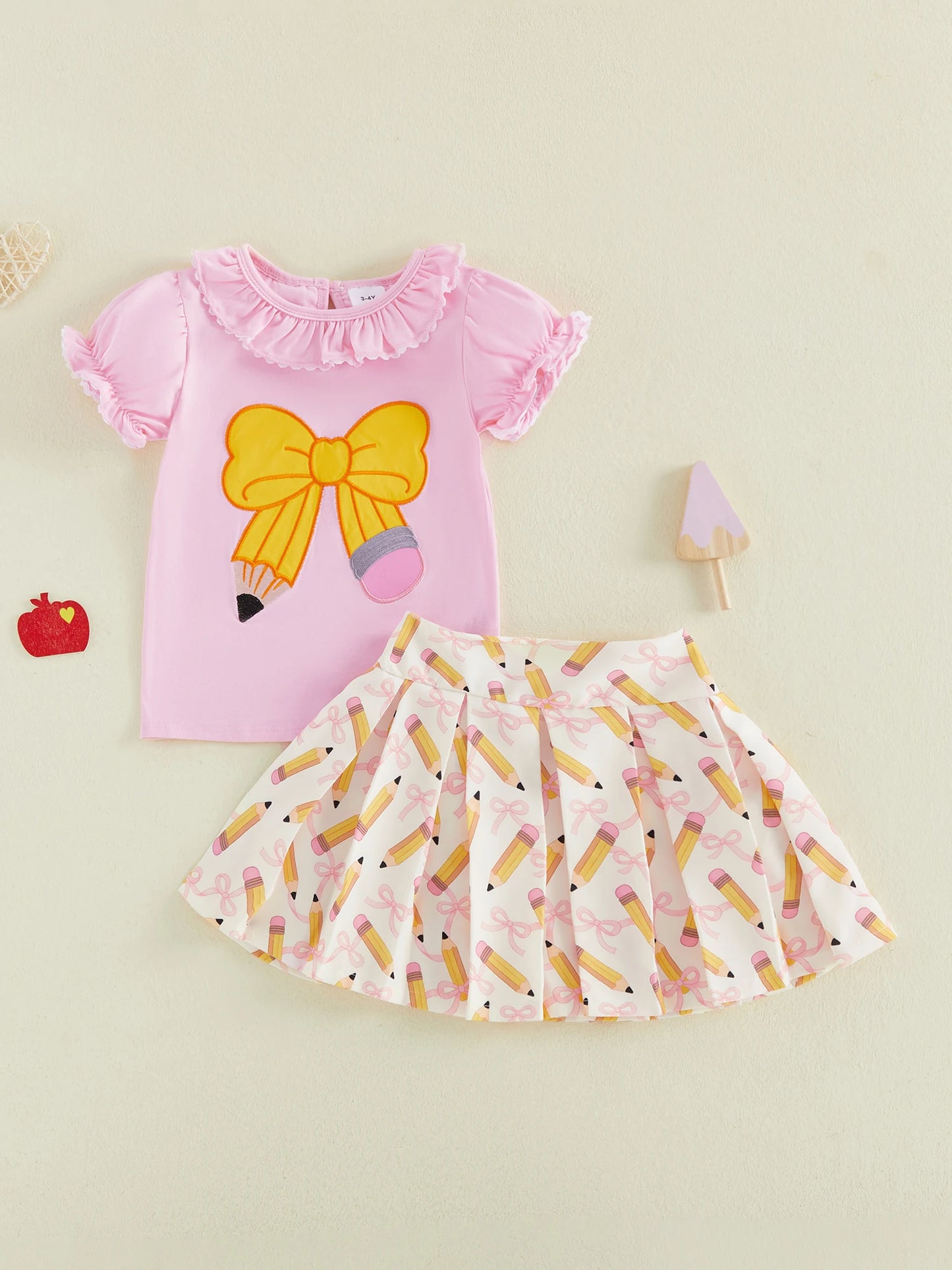 Girls Back to School Outfit Floral Print Ruffle Sleeve Blouse Denim Skirt 2 Piece Set with Bow Detail