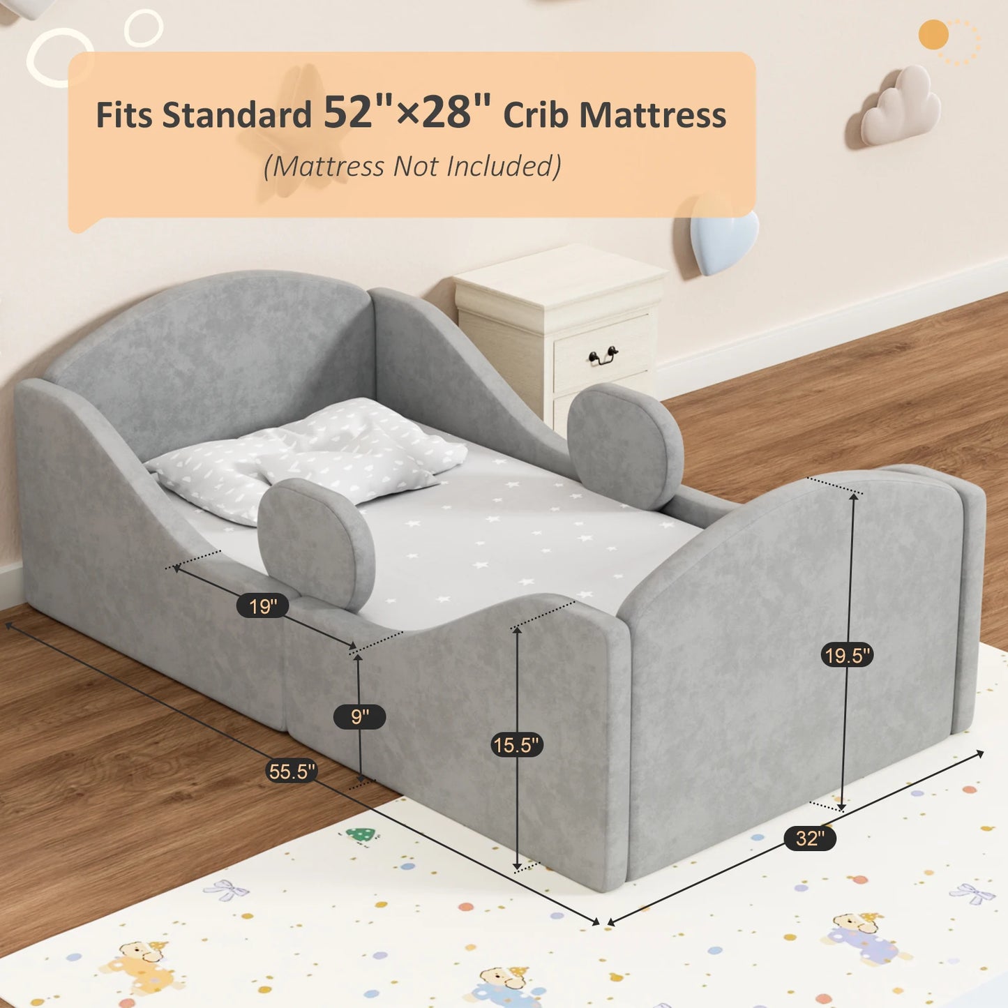Toddler Bed, Certified Toddler Floor Bed with Removable Safety Rails, Kids Bed Frame, Standard Crib Size Ultra Soft Upholstered Kids Bed, Montessori Floor Beds for Girl Boy ( No Mattress)