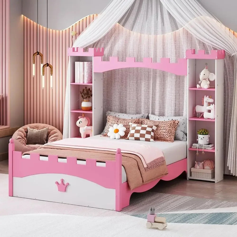 Castle-Style Storage Twin Bed for Kids, Toddlers, and Adults - Dreamy White & Pink Bedroom Furniture