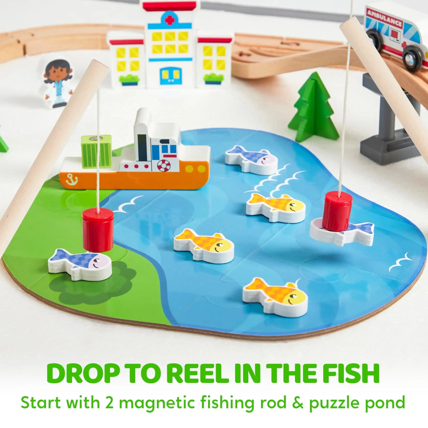 Joyfy 110/60 Pcs Wooden Train Set with Tracks City Scene Railway Set with Magnetic Trains Toy for kids Birthday Christmas Gift