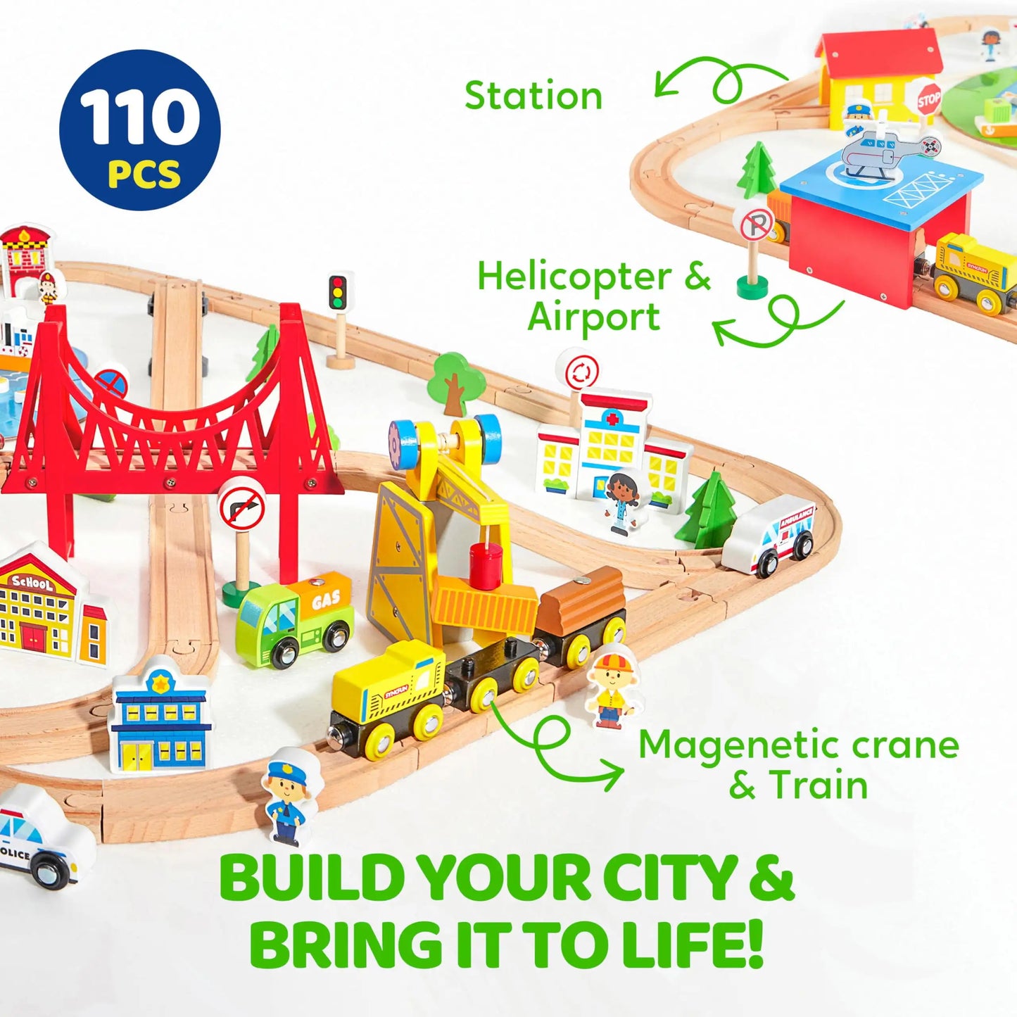 110/60 Pcs Wooden Train Set with Tracks City Scene Railway Set with Magnetic Trains Toy for kids Birthday Christmas Gift