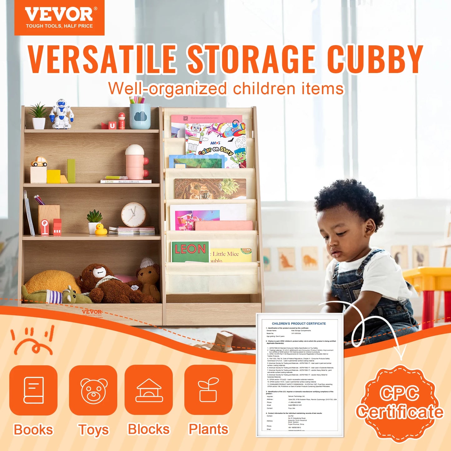 4-Tier Kids Wooden Bookshelf Six-Layer Sling Bookcase  Storage Book Rack for Kids Room Playroom Kindergarten Nursery