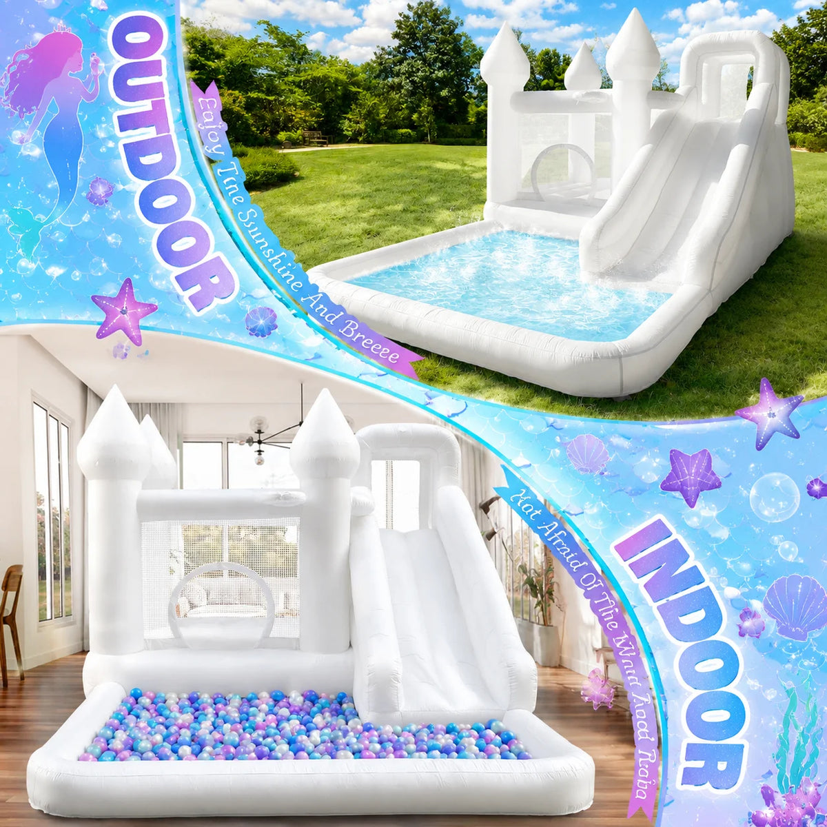 14FT Spire-Top Inflatable Bounce House White with Slide Large Ball Pit Middle Play Zone Portable Bouncy Castle for Kids Birthday/Party