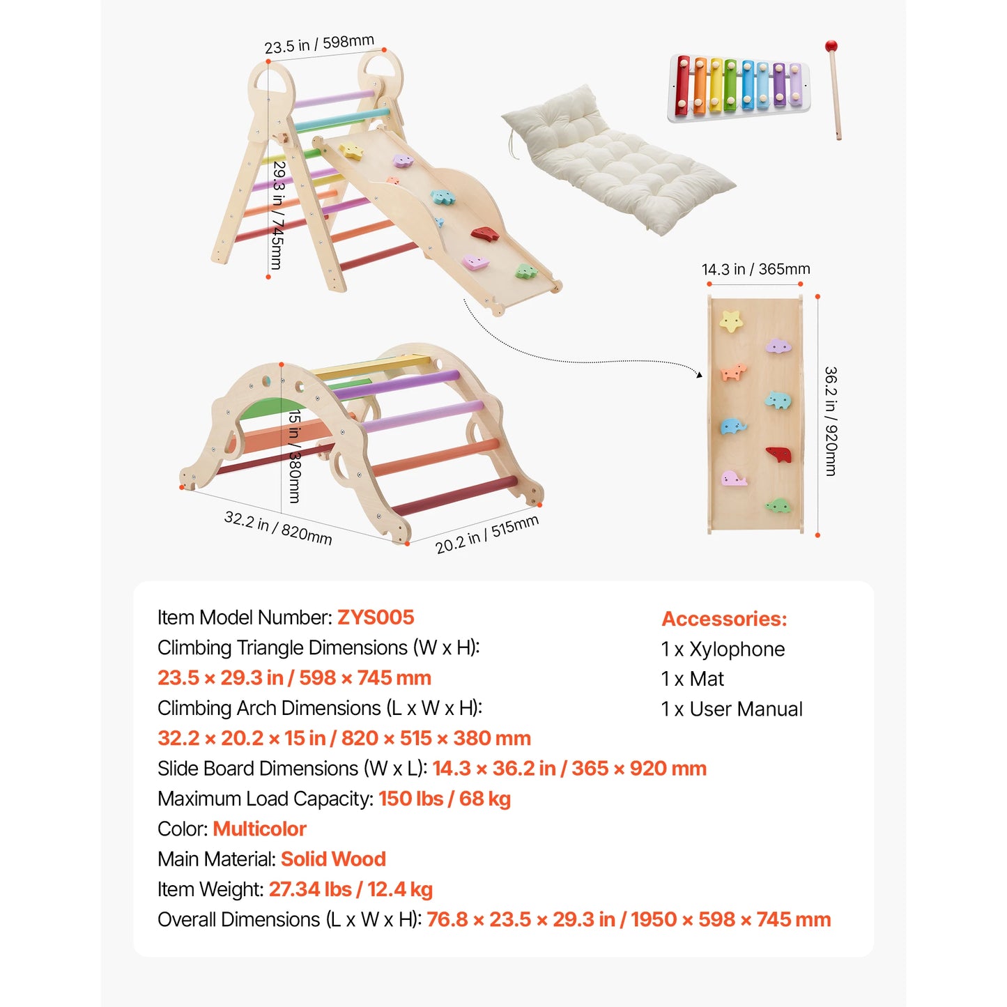 SucceBuy 150 lbs Pikler Triangle Set 9-in-1 Toddler Climbing Toys Indoor with Cushion Triangle Arch and Ramp for Toddlers Kids