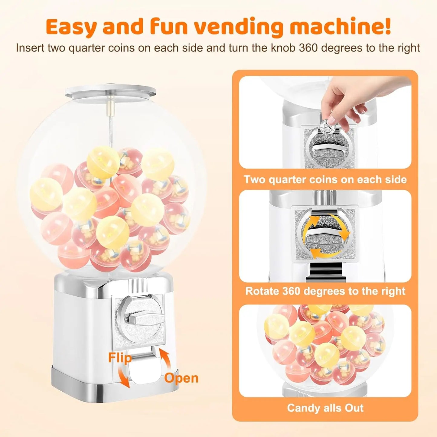 Vending Machine, 19.68" Twister Ball Dispenser Machine Bubble Gumball Machine Large Capacity Toy Vending Machine, Lockable Spherical Freestanding for 1.26" Ball, 1 Dollar Coin, Candy (White)