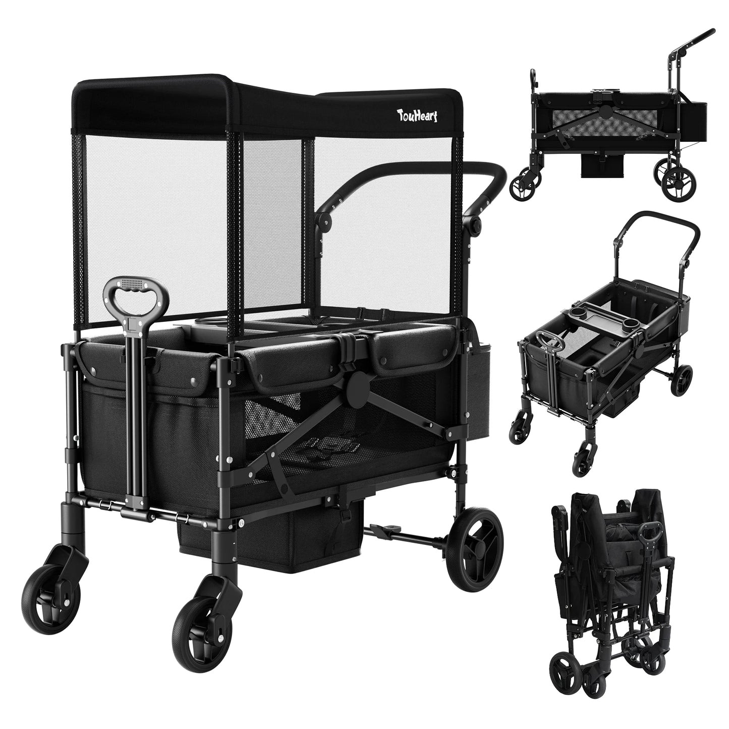 2 Seat Wagon Stroller For 2 Kids, Foldable All-Terrain Wagon for Toddler with Canopy 220 lbs Capacity