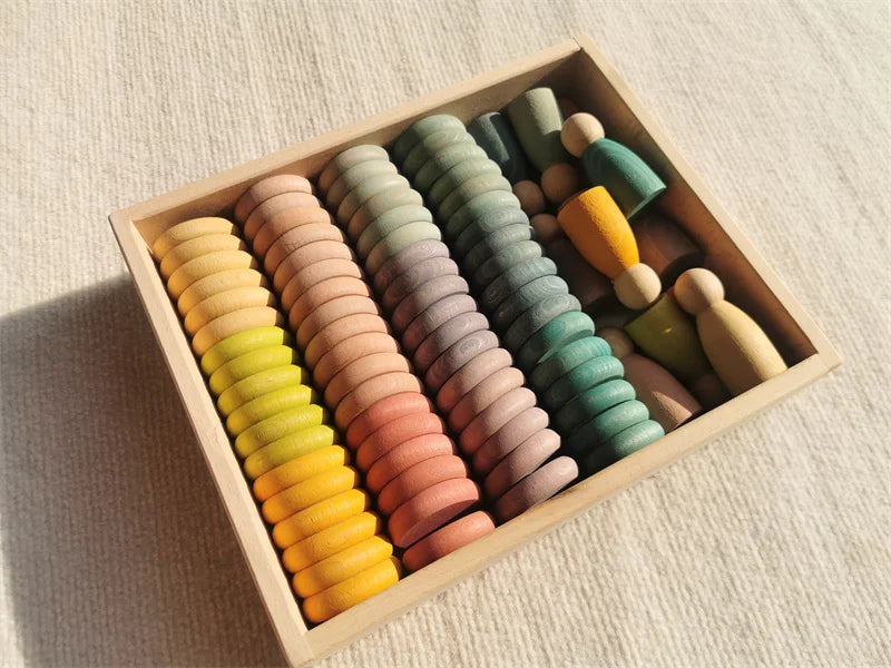 Kids Wooden Toys Beech Rainbow Coins and Rings Stacking Blocks with Peg Dolls Loose Parts