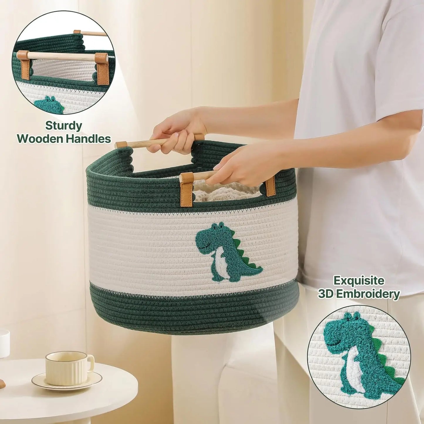 Large Blanket Basket 35L Cotton Rope Basket with Wooden Handles Woven Baskets for Kids Stuffed Animal Toys Storage for N
