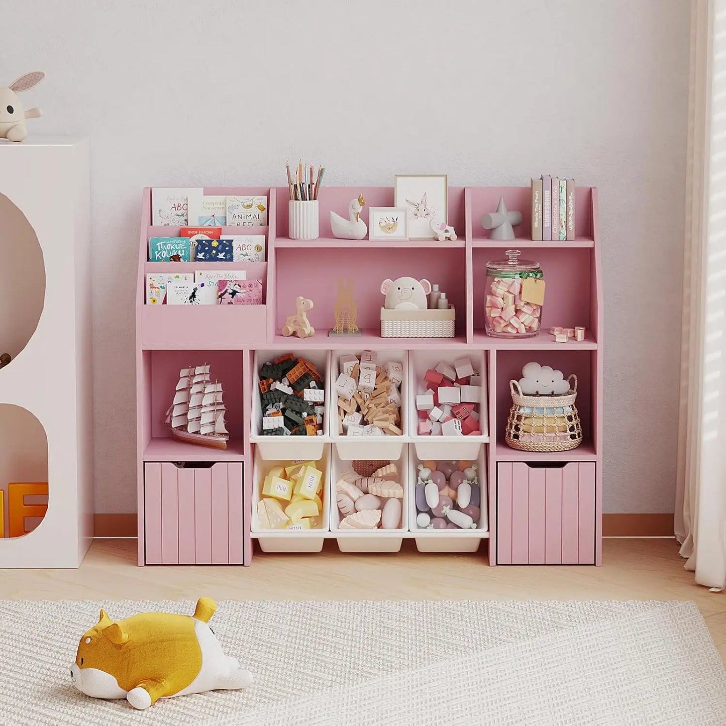 Wooden Kids Bookcase Toy Storage Organizer 2 Drawers 6 Baskets Anti-Tip Children Room Shelf Customized
