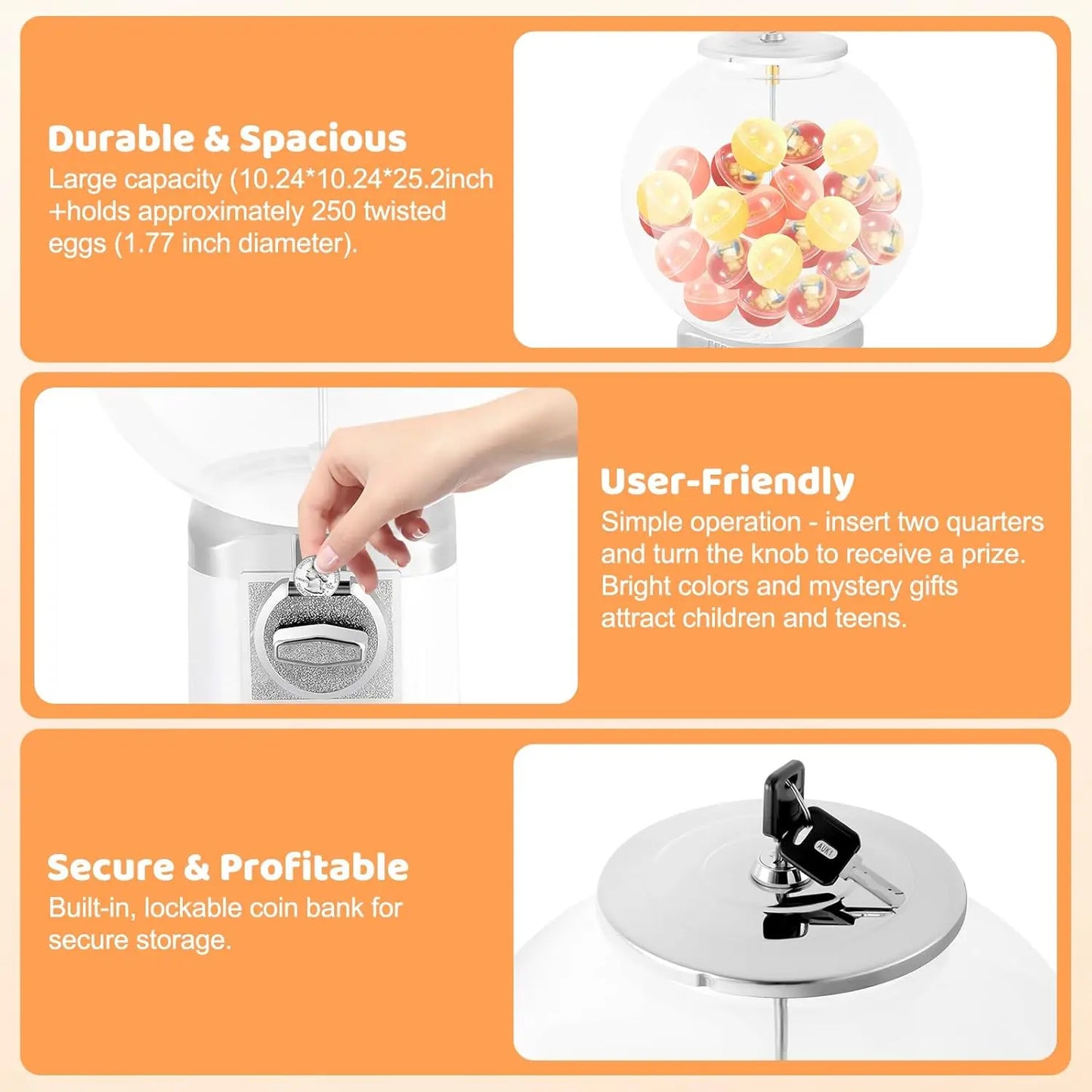 Vending Machine, 19.68" Twister Ball Dispenser Machine Bubble Gumball Machine Large Capacity Toy Vending Machine, Lockable Spherical Freestanding for 1.26" Ball, 1 Dollar Coin, Candy (White)