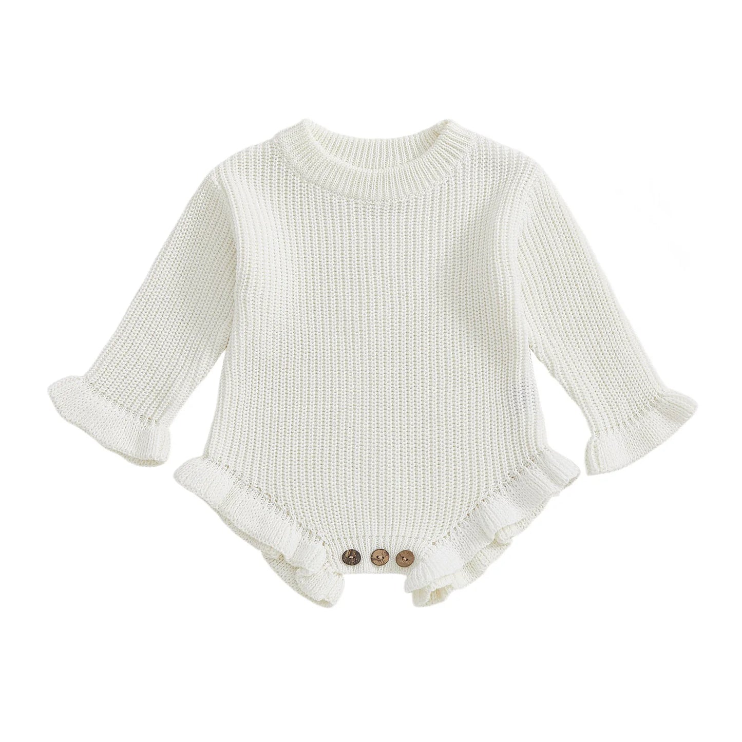 Suefunskry Newborn Baby Fall Winter Knitted Sweater Romper Solid Color Long Sleeve Round Neck Ruffled Sweater Jumpsuit
