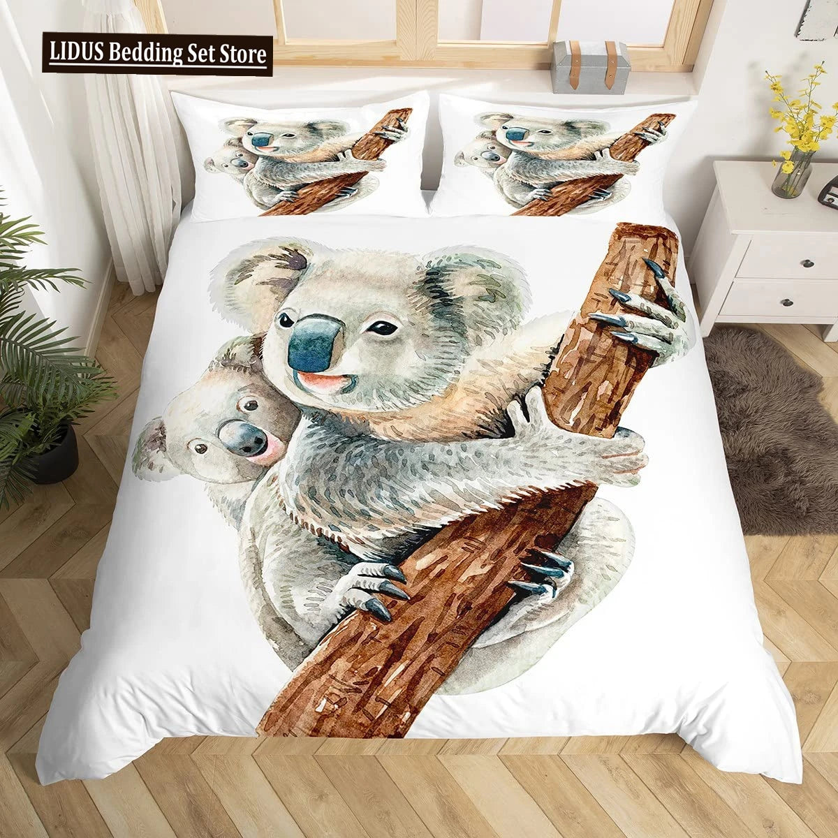 Koala Duvet Cover Set Children Cute Animal Print Bedding Set,Boys Girls Rainbow Butterfly Comforter Cover Floral Flowers Bed Set
