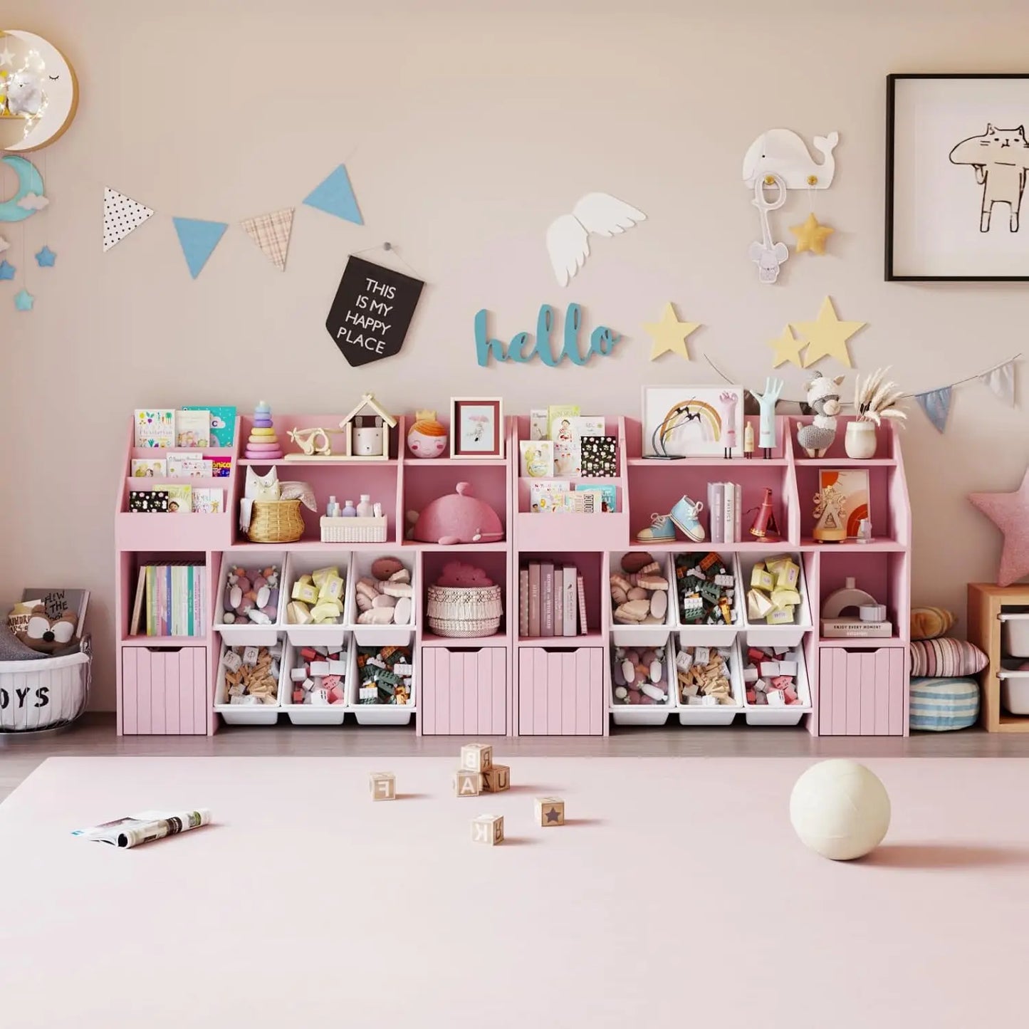 Wooden Kids Bookcase Toy Storage Organizer 2 Drawers 6 Baskets Anti-Tip Children Room Shelf Customized