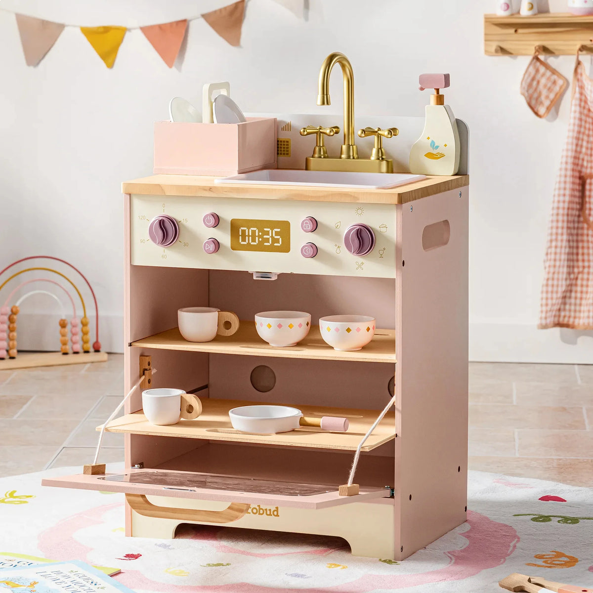 Kids Wooden Pink Play Kitchen All in 1 Corner Set Includes Oven Refrigerator Washer Perfect Birthday Gift for Little Chefs