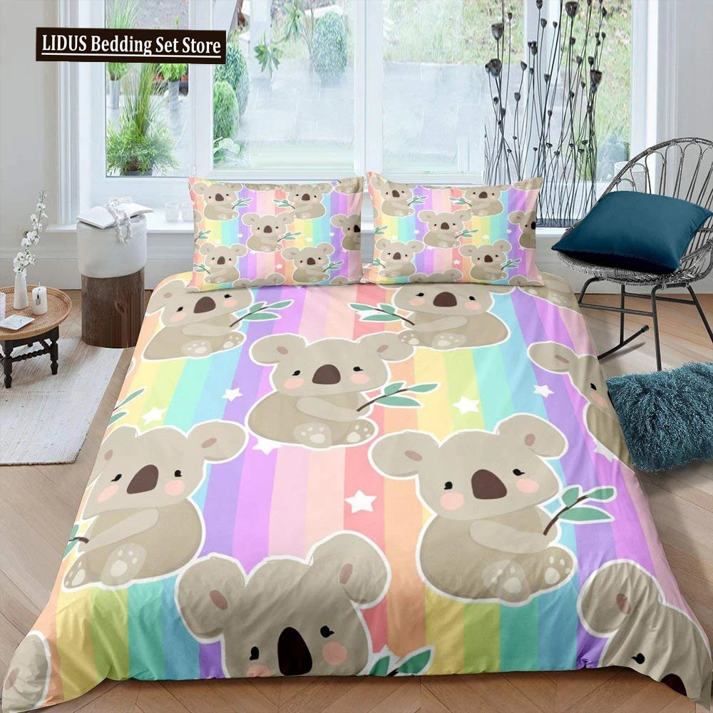 Koala Duvet Cover Set Children Cute Animal Print Bedding Set,Boys Girls Rainbow Butterfly Comforter Cover Floral Flowers Bed Set