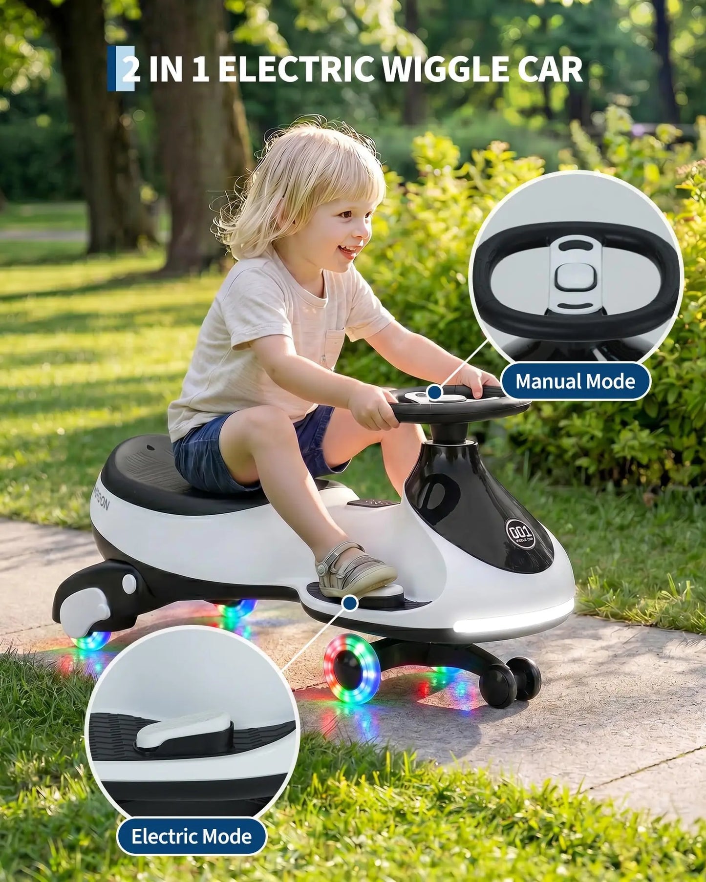 12V 2-in-1 Ride On Electric Wiggle Car for Kids – Pedal & Swing Modes – 360° Steering, Flashing Wheels, Music, Anti-Rollover, Rechargeable, High Weight Capacity – Indoor Outdoor