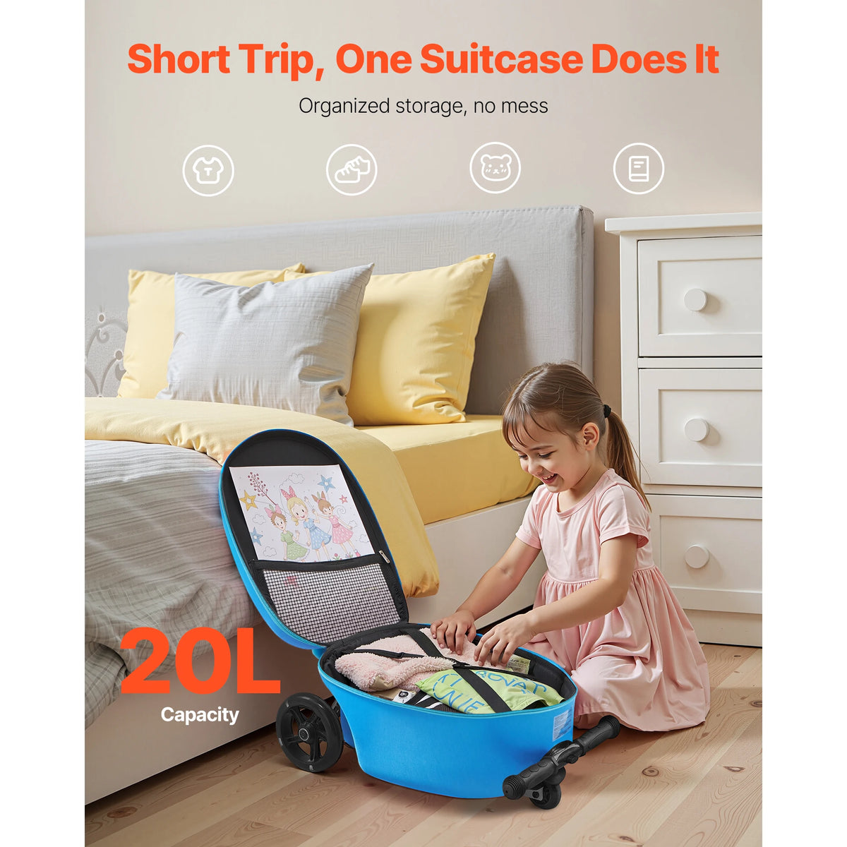 20in Ride-on Luggage 20L Kids Scooter Suitcase with Flash PU Wheels & Adjustable Handle Foldable Luggage for Children