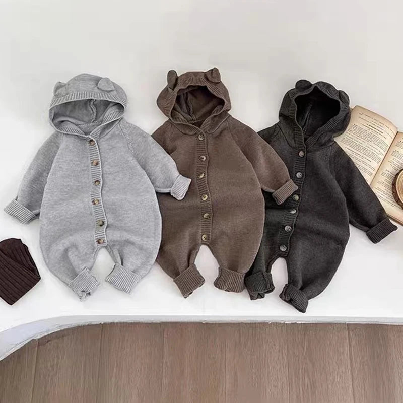 New Autumn Baby Romper Knitted Newborn Girls Jumpsuit Outfit Hooded Toddler Children Clothing Cartoon Bear Ears Knitted Clothing