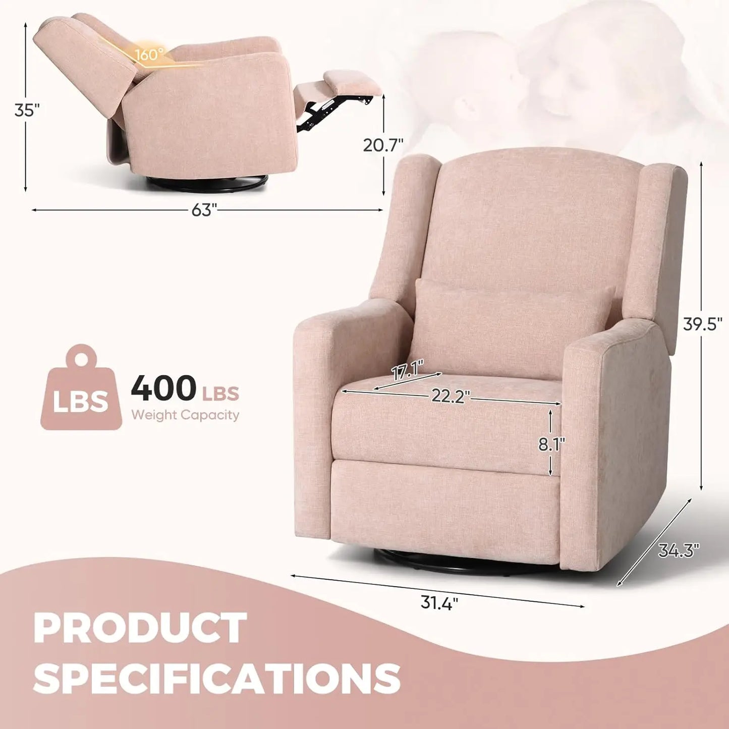 270° Swivel Nursery Rocking Recliner with Waist Pillow USB Port Comfy Glider for Living Room Bedroom, Customized
