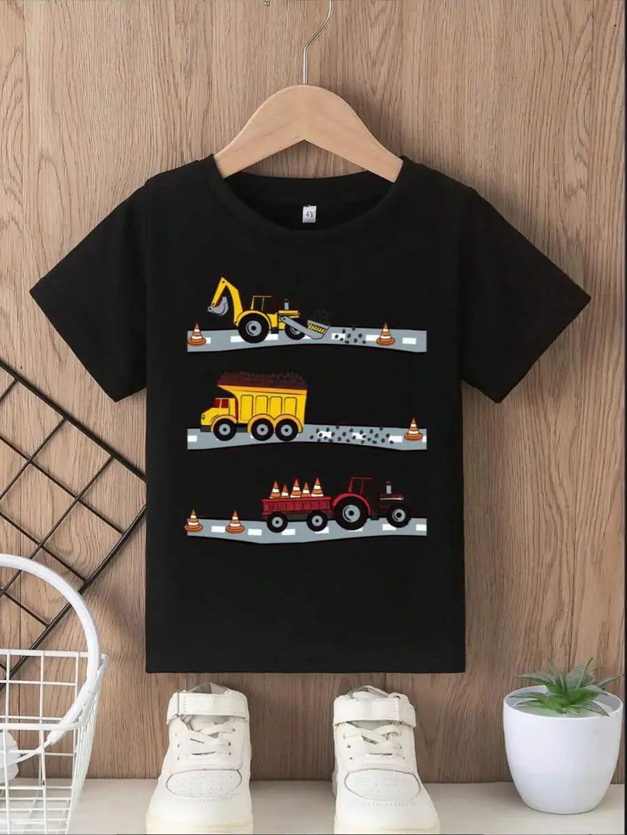 Cotton Casual For Both Boys And Girls Family Matching Shirts Construction Vehicle Print Summer Birthday Gift For Kids