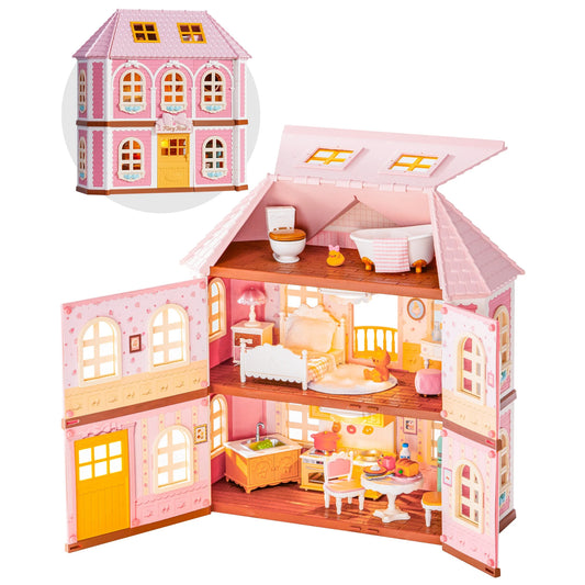 Rolife DIY Miniature House Kit Haley Island Fairy Rose Cottage 3D Puzzle 3-Story Pink Victorian Mini Dollhouse Toys with LED Light for Home Decor Gift for Teens Family Friends