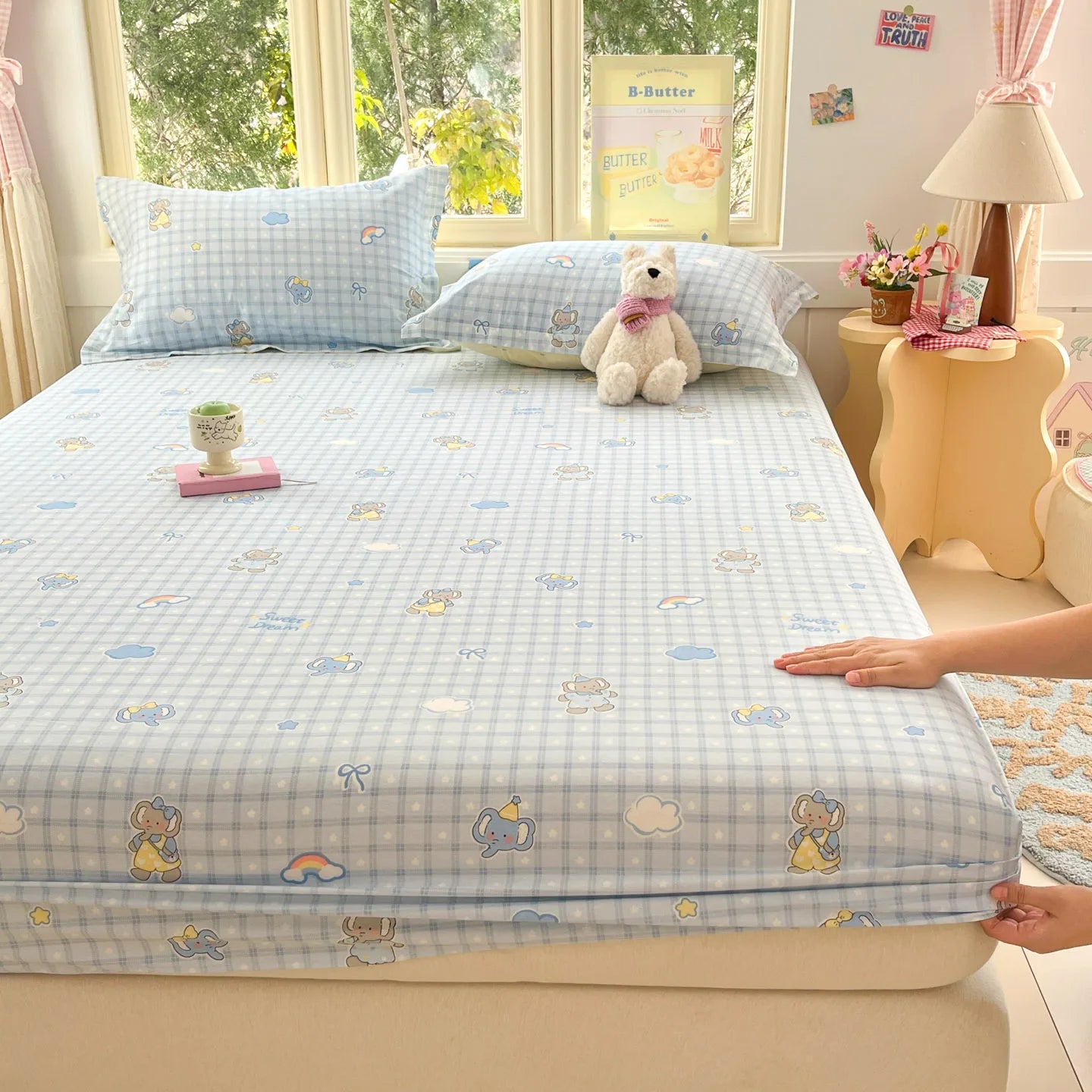 Cartoon Space Astronaut Fitted Sheet 100% Cotton Mattress Cover for Adults Kids Deep Pocket Elastic Bed Sheets and Pillowcases