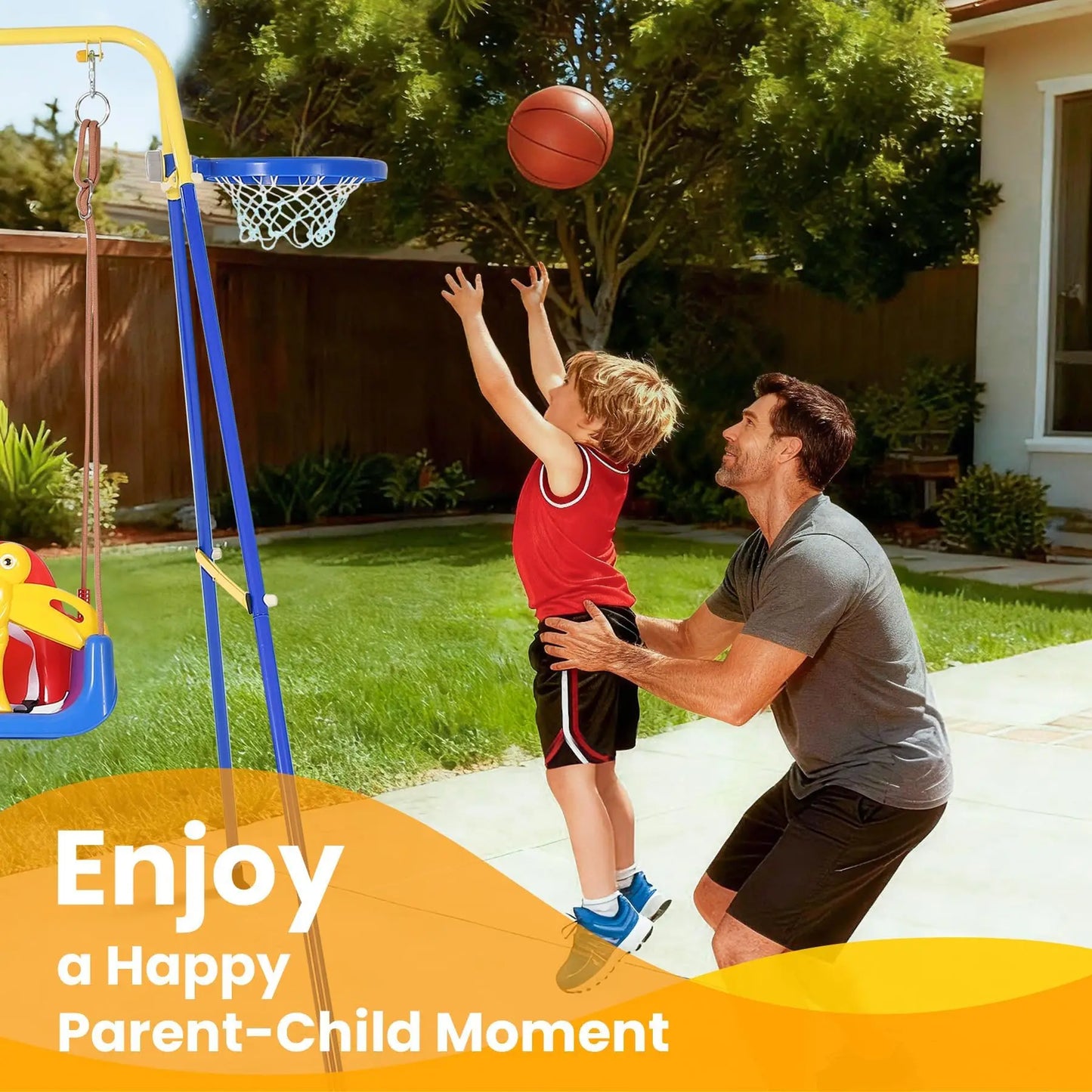 Toddler Swing Set Kids Playground Equipment Collapsible Metal Frame with Basketball Hoop Safety Belt Indoor Outdoor Toy for 6M+