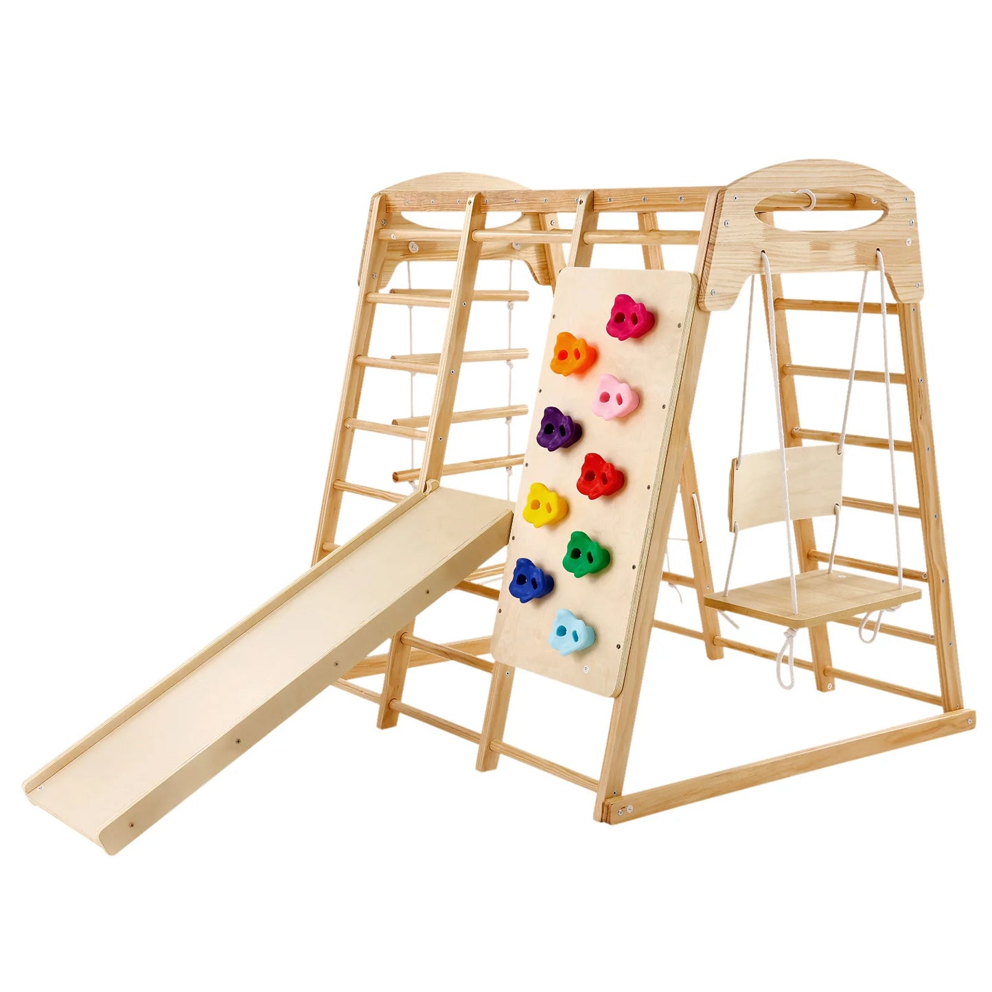 SucceBuy Indoor Jungle Gym 7-in-1 Toddler Indoor Playground with Wood and Rope Ladder Net Ladder Swing Monkey Bar Slide for Kids
