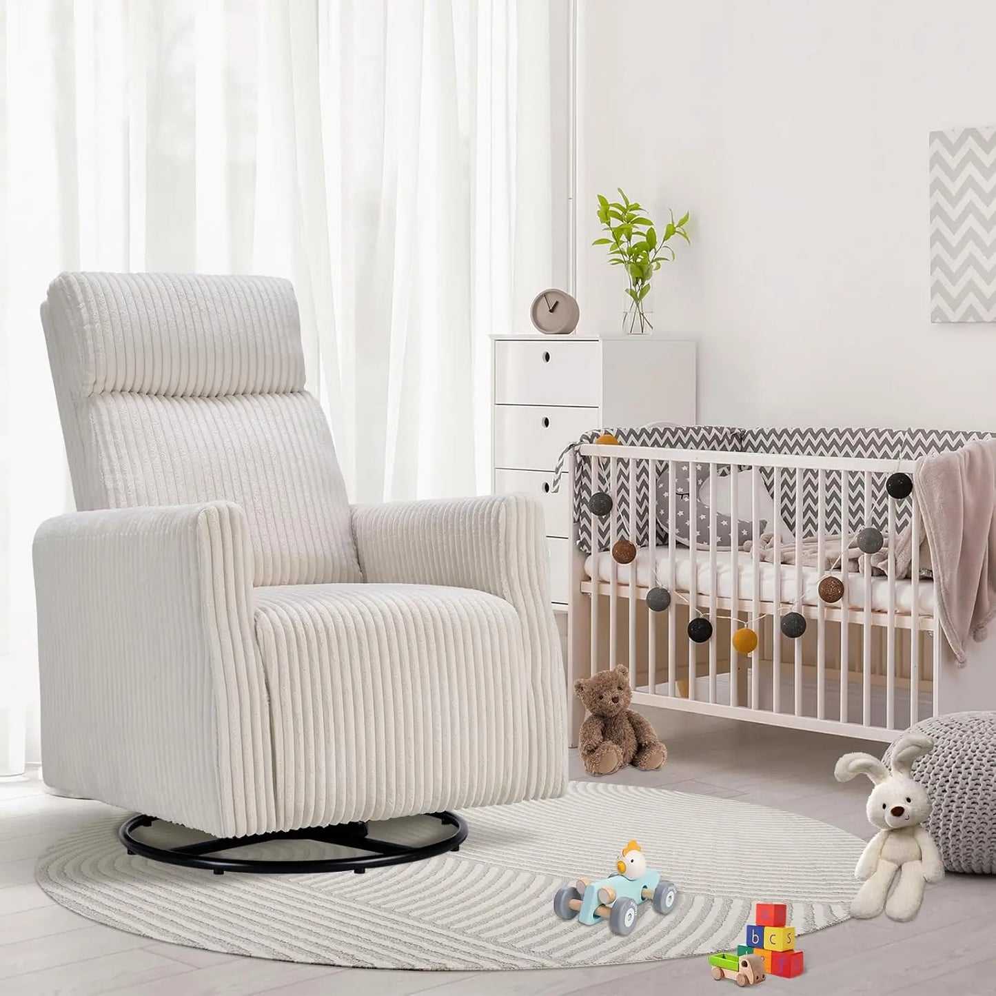 High-Back Swivel Rocker Nursery Chair with Arms Corduroy Glider Living Room Bedroom Beige, Customized