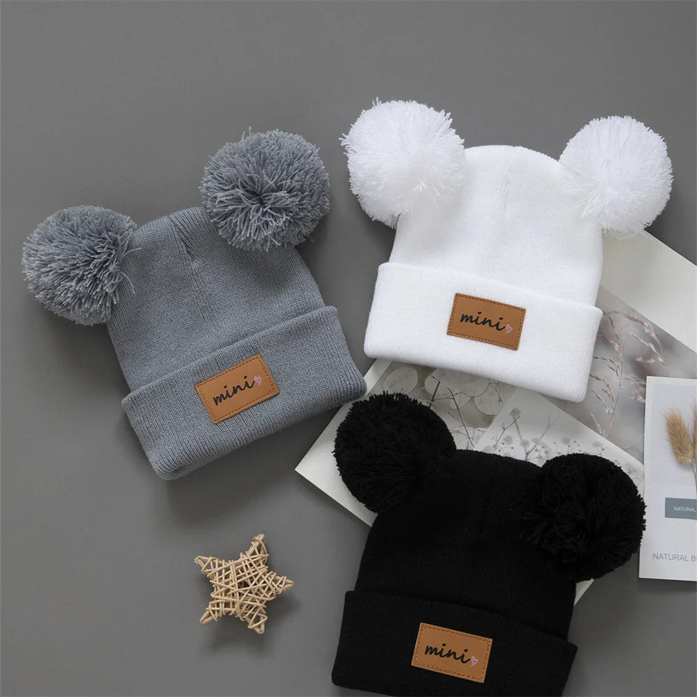 3pcs Breathable Stretchy Infant Knit Beanie with Heart Pompoms | Hand Washable, Mixed Colors