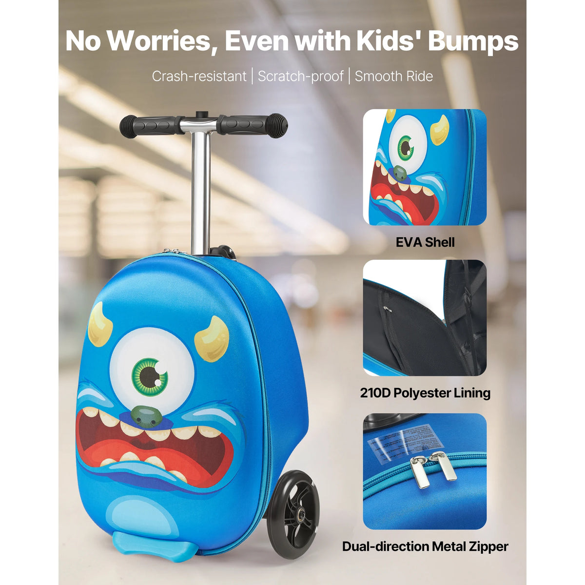 20in Ride-on Luggage 20L Kids Scooter Suitcase with Flash PU Wheels & Adjustable Handle Foldable Luggage for Children