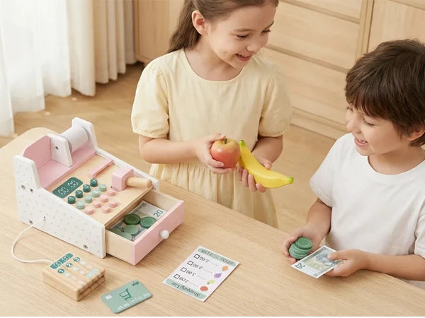 Wooden  Cash Register with Scanner Math Learning Role Play Cashier Game Set for Kids Pink Wooden Store Cash Register