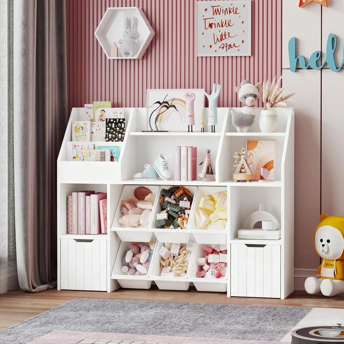 Wooden Kids Bookcase Toy Storage Organizer 2 Drawers 6 Baskets Anti-Tip Children Room Shelf Customized