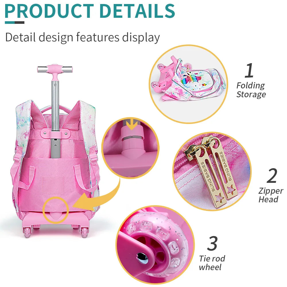 3PCS Kids travel bag, Luggage Bag, Bookbag with wheels, With Lunch Box And Pen Bag, Pink Cartoon Unicorn, Nighttime reflective