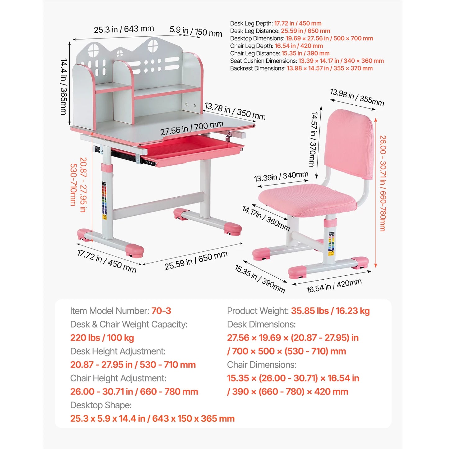 Kids Study Chair and Desk Set Study Desk and Chair for Kids with Table Lamp Adjustable Height  for Bedroom & Study Room