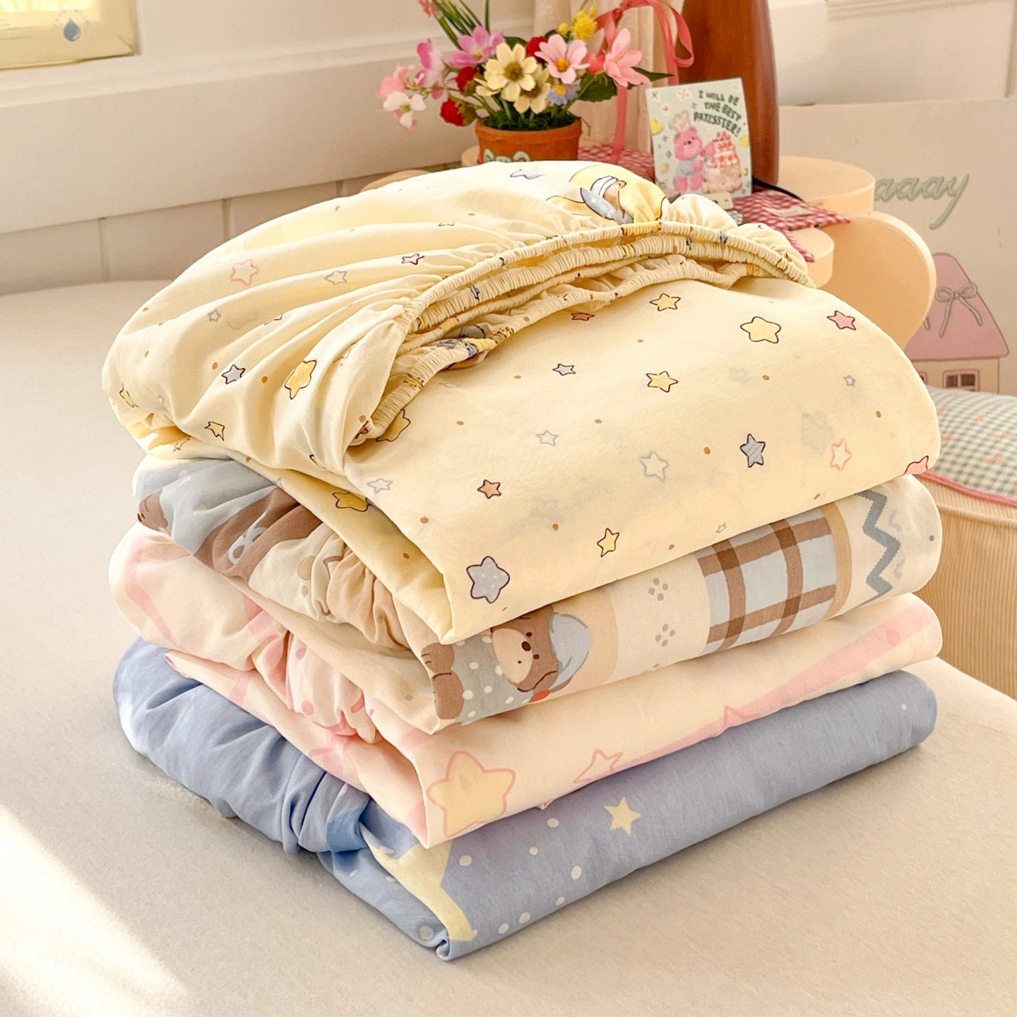 Cartoon Space Astronaut Fitted Sheet 100% Cotton Mattress Cover for Adults Kids Deep Pocket Elastic Bed Sheets and Pillowcases