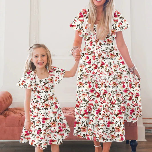 Vintage Mother Daughter Dress Vestidos Family Matching Outfits Children Dress Beach Casual Women Dresses Summer Girls Clothing