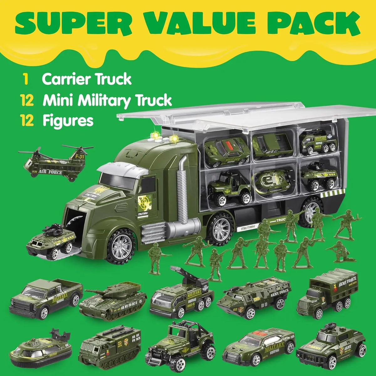 25 in 1 Green Military Big Truck Toys Army Men Tanks Set with Soldier Men Battle Car Toy in Carrier Truck for Boys Gifts