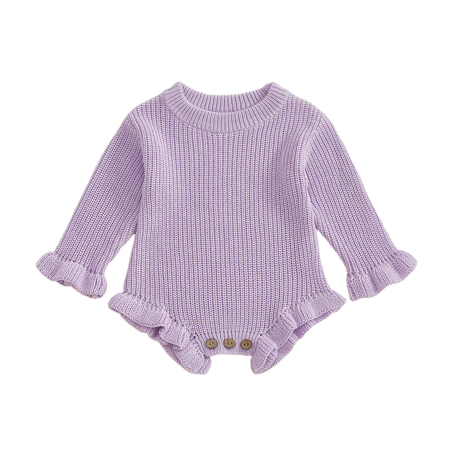 Suefunskry Newborn Baby Fall Winter Knitted Sweater Romper Solid Color Long Sleeve Round Neck Ruffled Sweater Jumpsuit