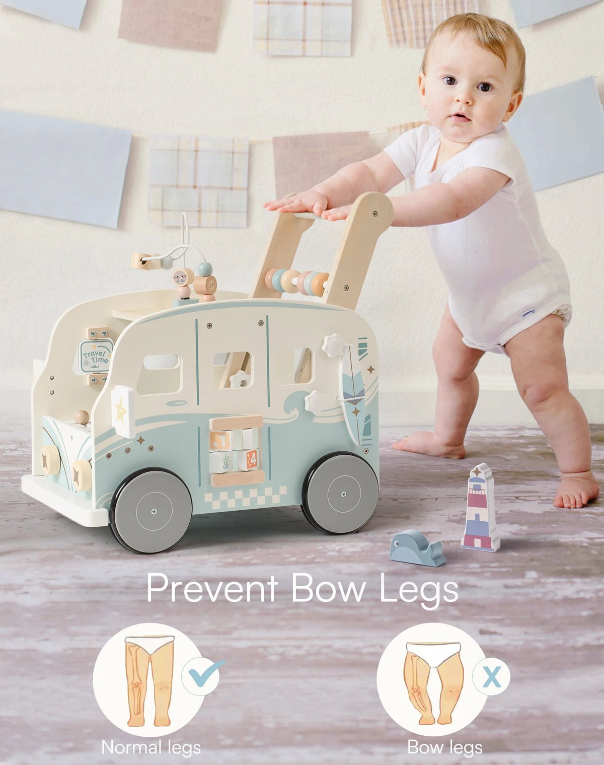 Blue Bus Baby Theme Activity Walker Push Walker Develop Motor Skills Imagination Perfect Birthday Gift for Toddlers
