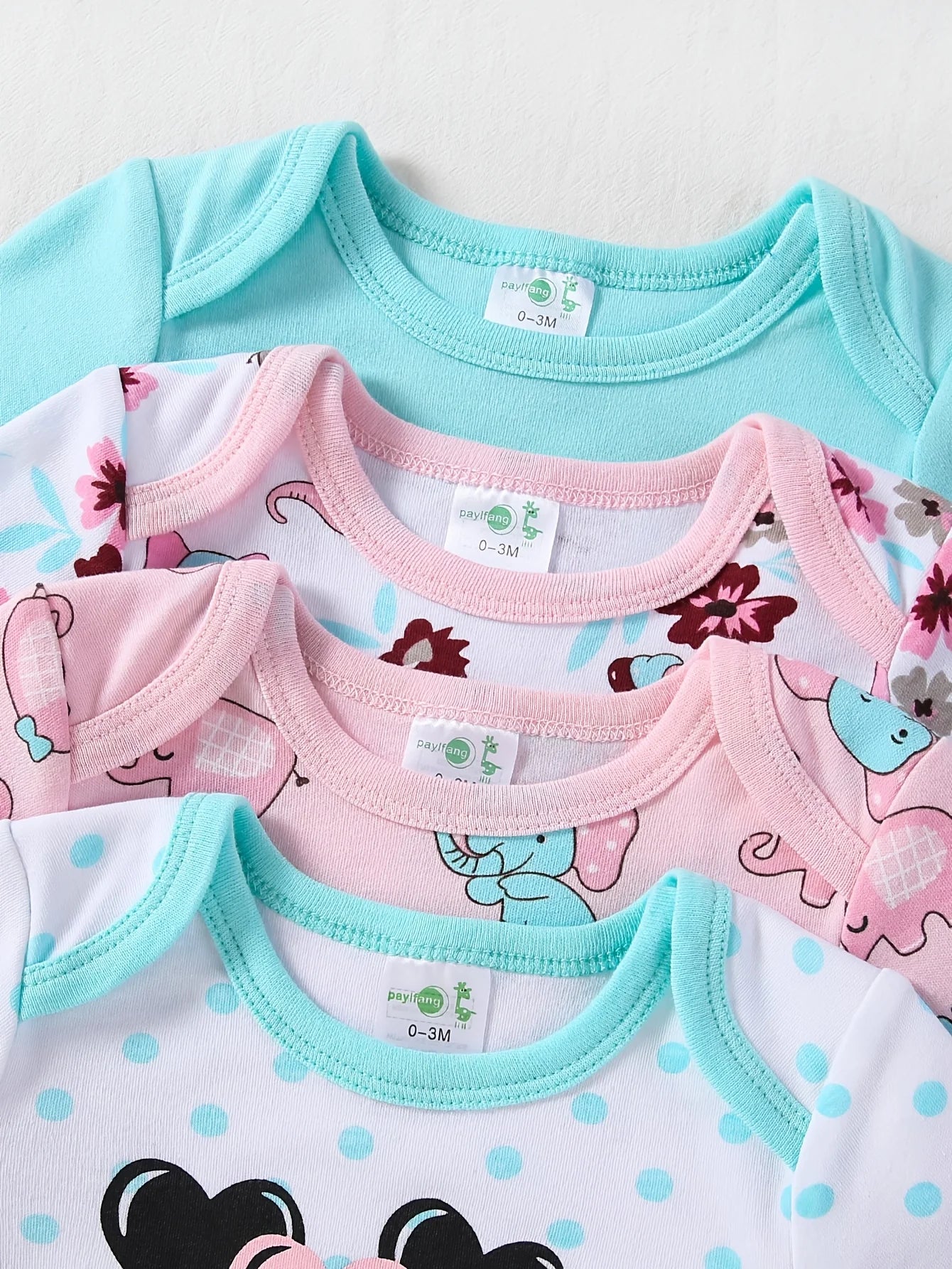 4-pc Baby Girl Long Sleeve Bodysuits, Round Neck Rompers with Cute Elephant Print, Soft Skin-Friendly Outfits for Spring And Autumn, Newborn Essentials |, for Outdoor