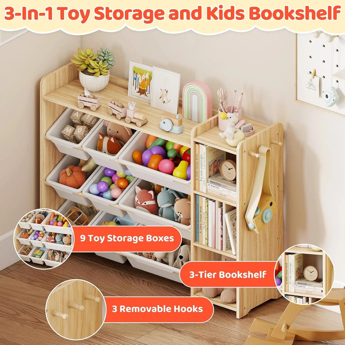 Toy Storage Organizer with Bookshelf, Kids Toy Storage and Organizers with 3 Shelves/9 Bins/3 Hooks, Bin Shelf, Toy, Customized