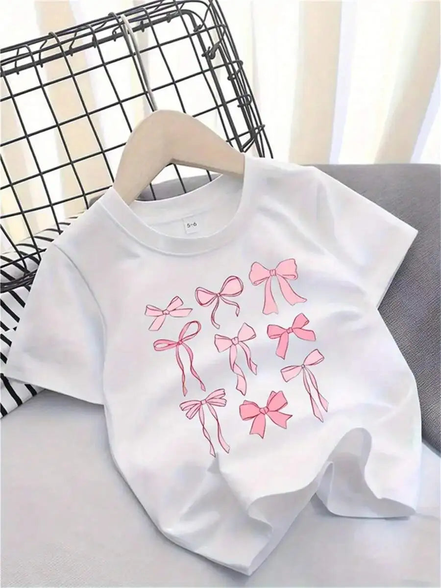 Cute Bow Printed Pure Cotton T-Shirt For Girls Under 12 Years Old - Comfortable Elastic Short Sleeved Round Neck Top, Perfect Ch