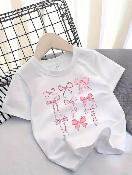 Cute Bow Printed Pure Cotton T-Shirt For Girls Under 12 Years Old - Comfortable Elastic Short Sleeved Round Neck Top, Perfect Ch